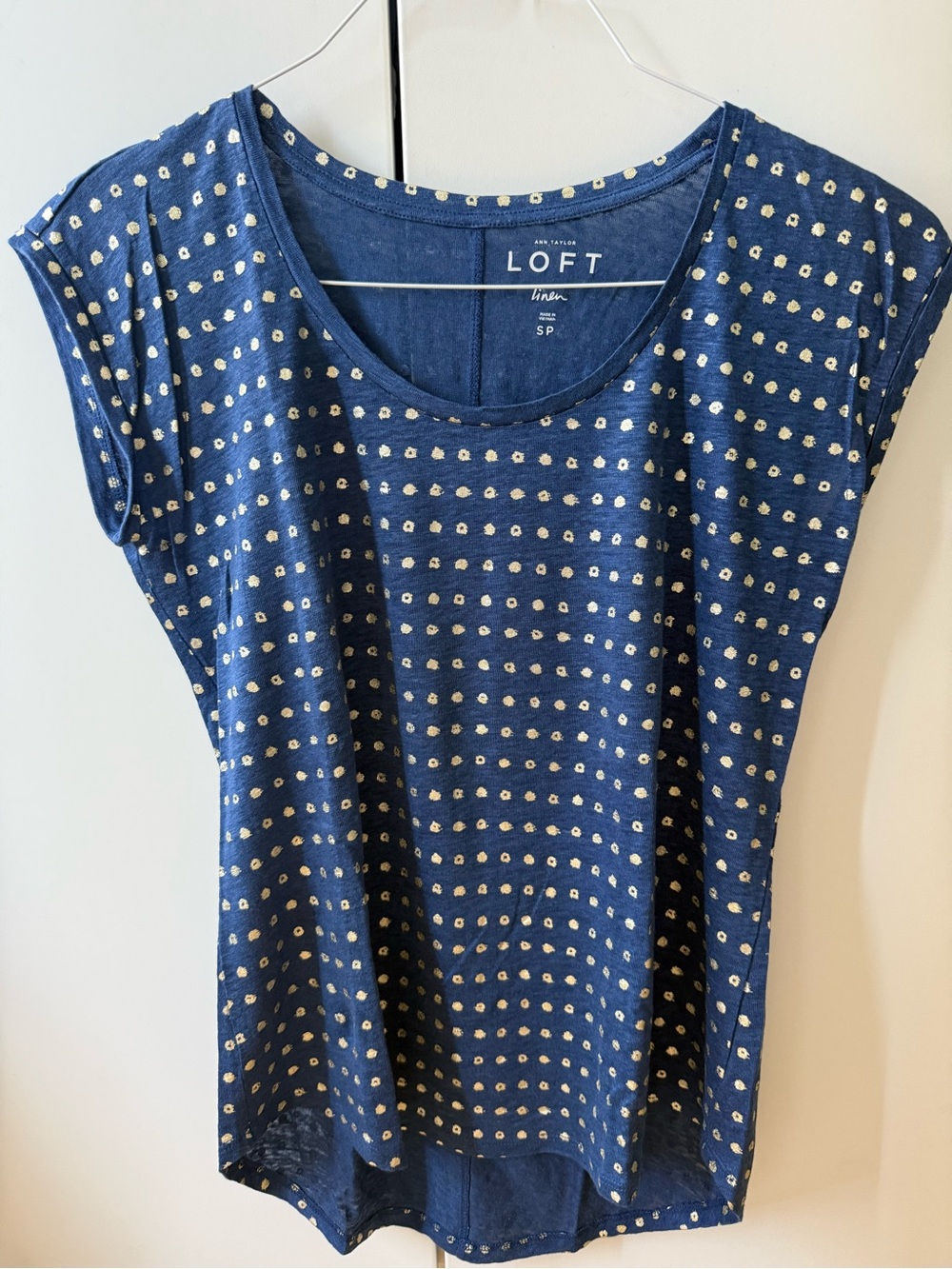 LOFT 100% Linen Blue Top with Gold Dots Size SP